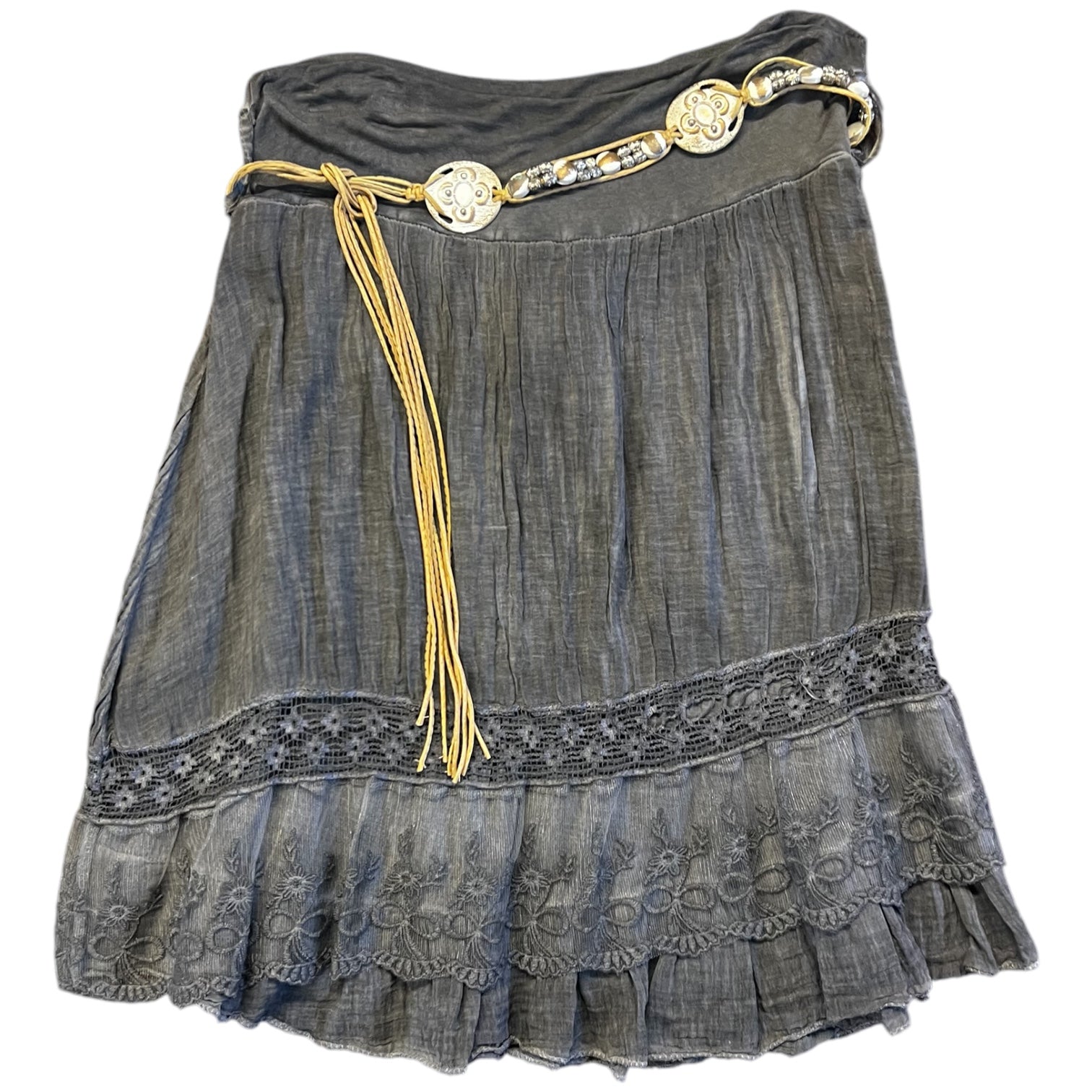 Grey Boho Belted Beaded Skirt (S)
