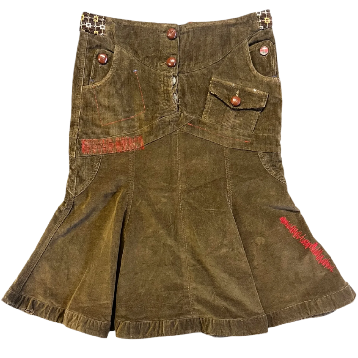 Green Corduroy Red Stitching Skirt (M)