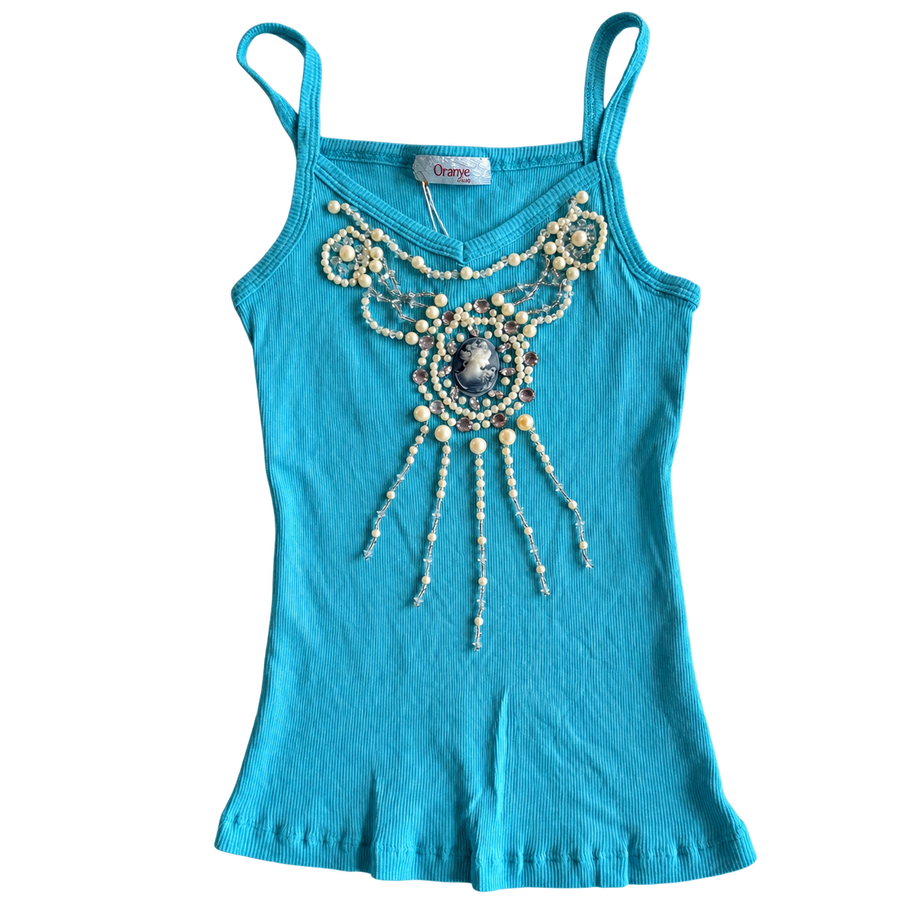 Y2K Turquoise Beaded Cameo Ribbed Tank (L)