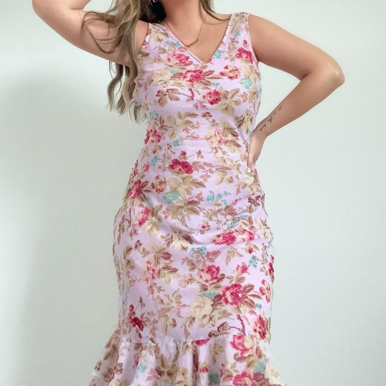 Vintage Floral Fairy Ruffle Midi Dress (L)