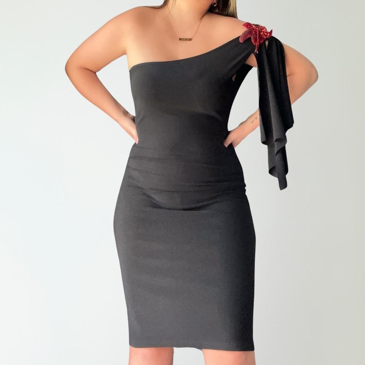 Vintage One Shoulder Mini Black Dress (M)