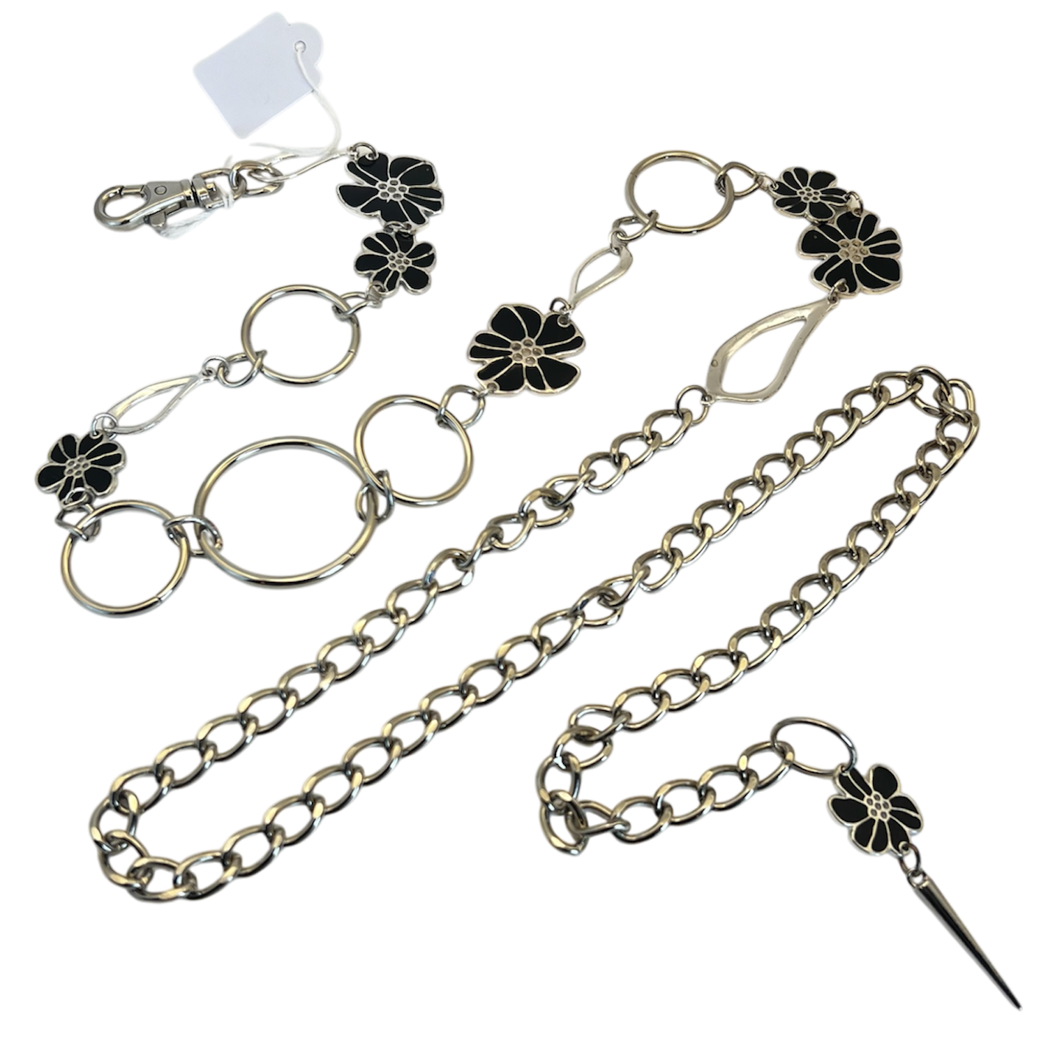 Black Flower Silver Chain Belt