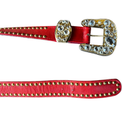 Red Leather Rhinestone Gold Belt