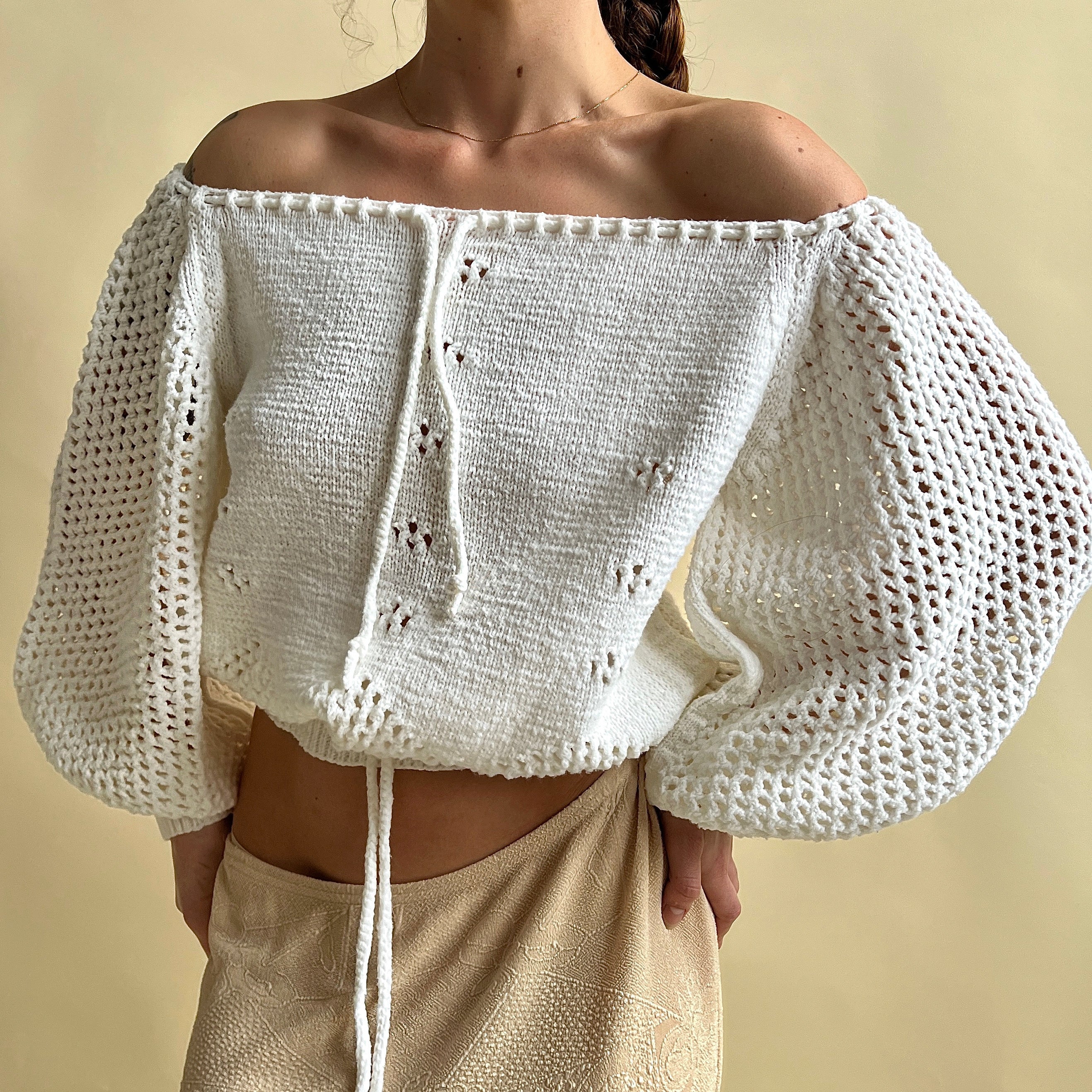 White crochet balloon sleeve sweater