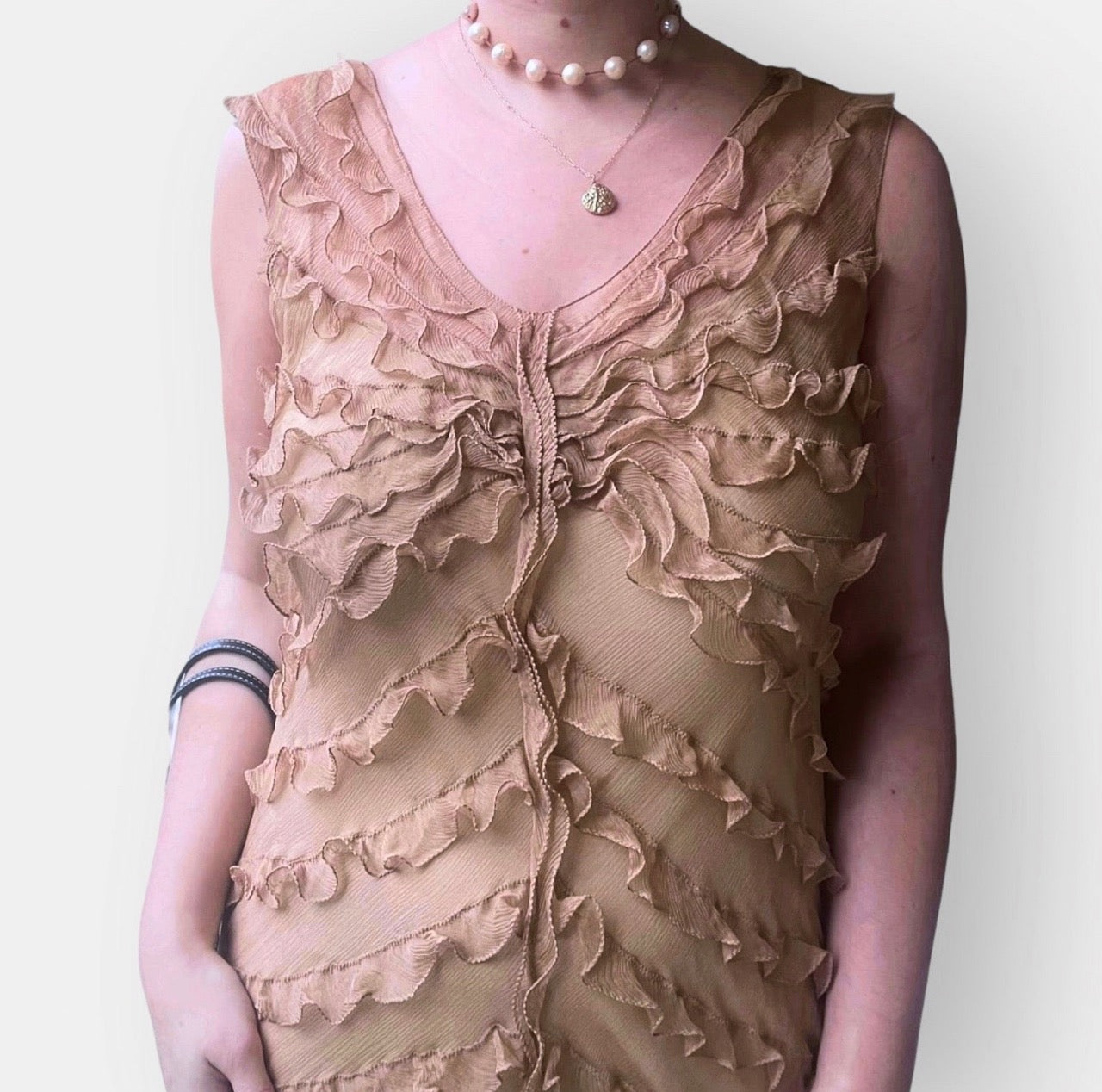 2000s Max Studio Tan Silk Ruffled Sheer Dress (M/L)