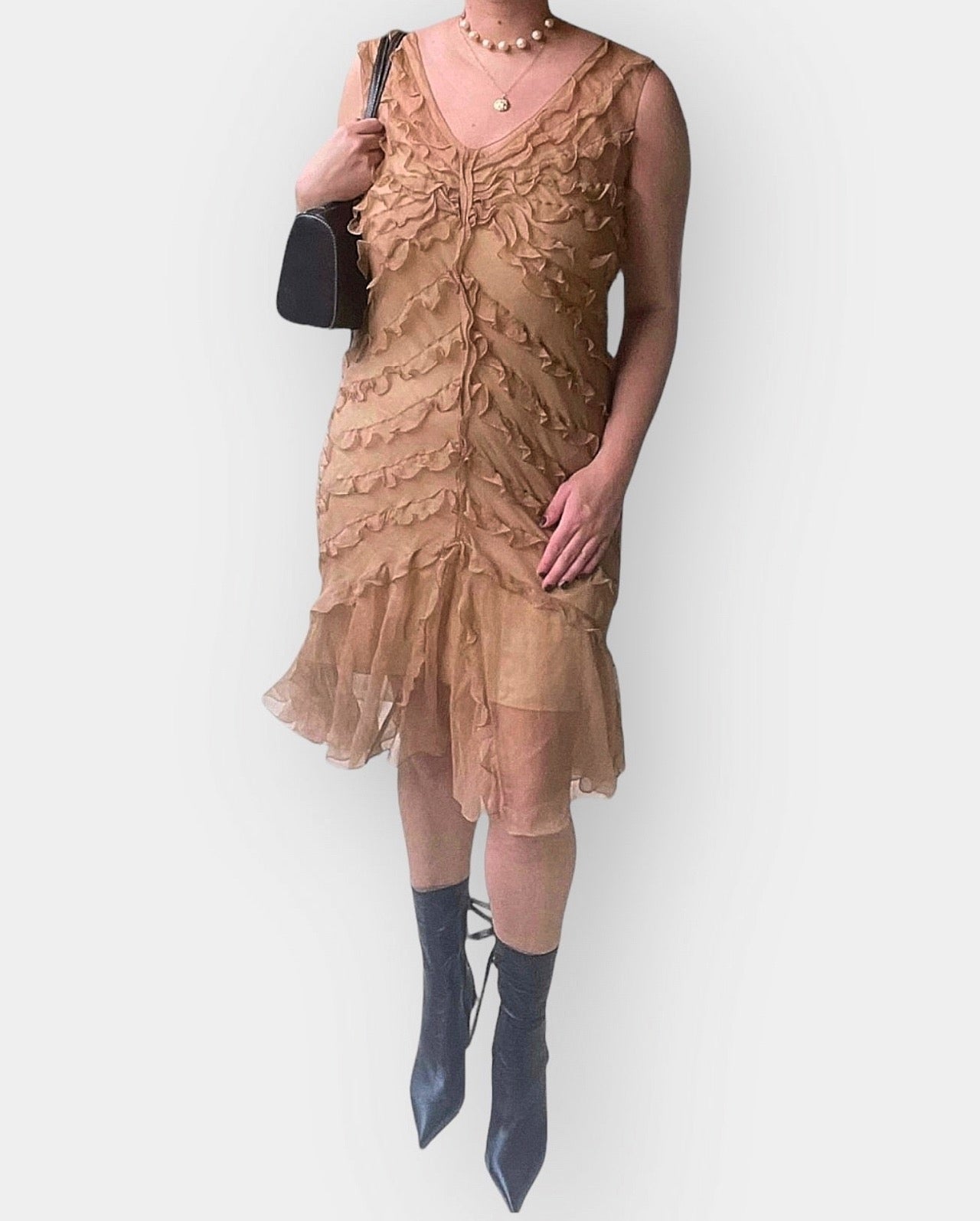 2000s Max Studio Tan Silk Ruffled Sheer Dress (M/L)