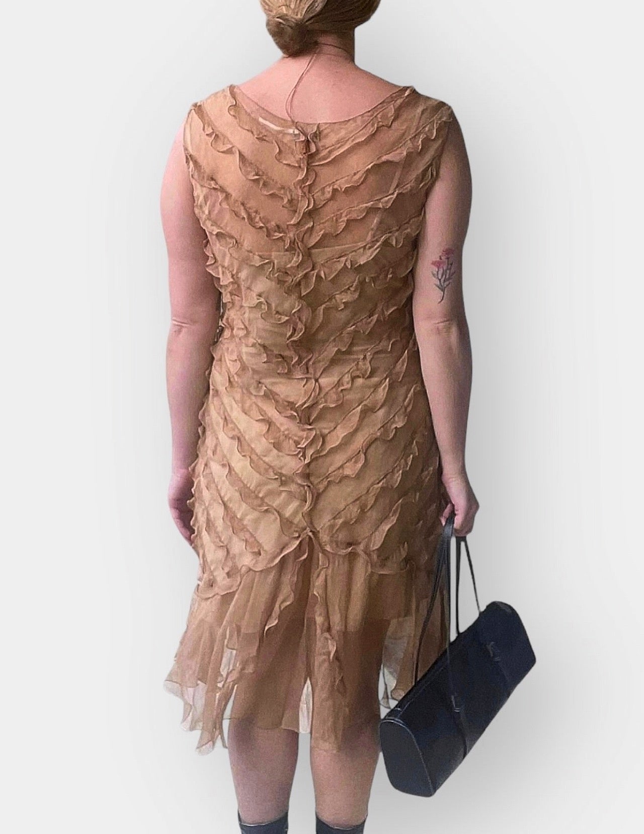 2000s Max Studio Tan Silk Ruffled Sheer Dress (M/L)
