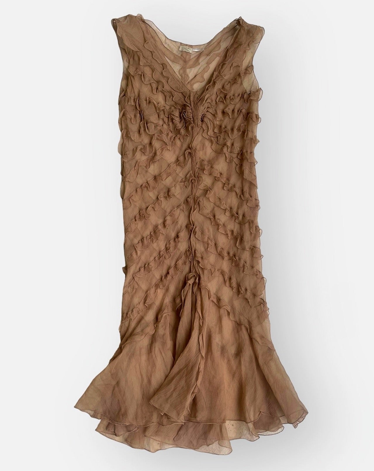 2000s Max Studio Tan Silk Ruffled Sheer Dress (M/L)