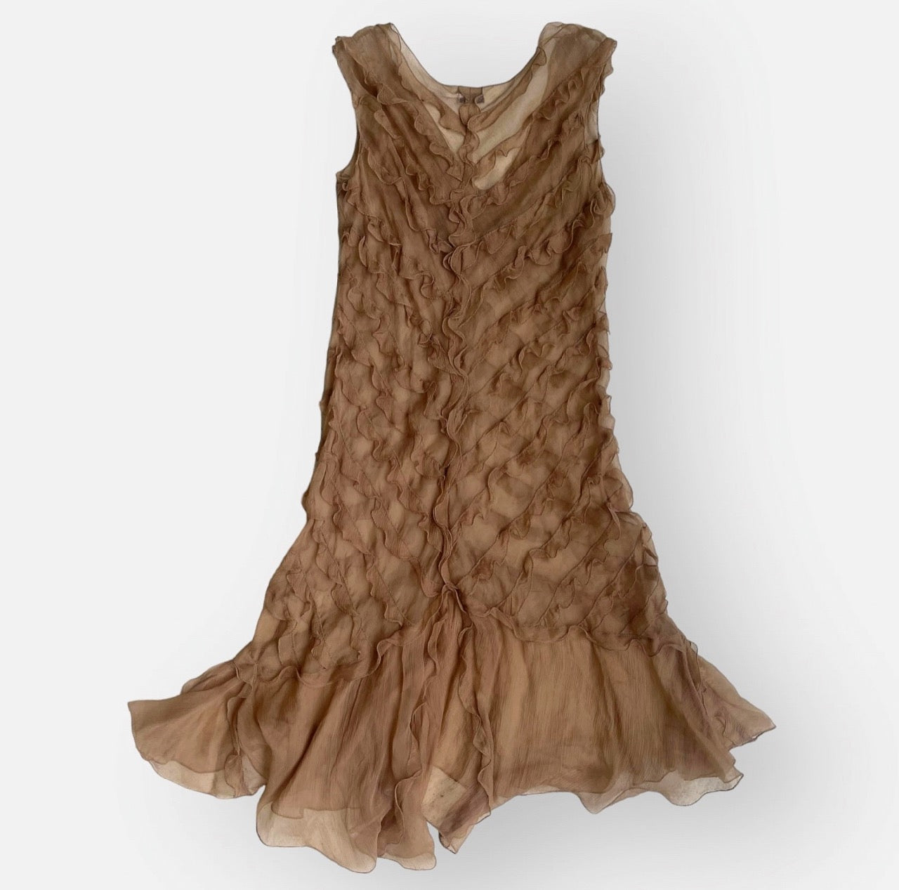 2000s Max Studio Tan Silk Ruffled Sheer Dress (M/L)