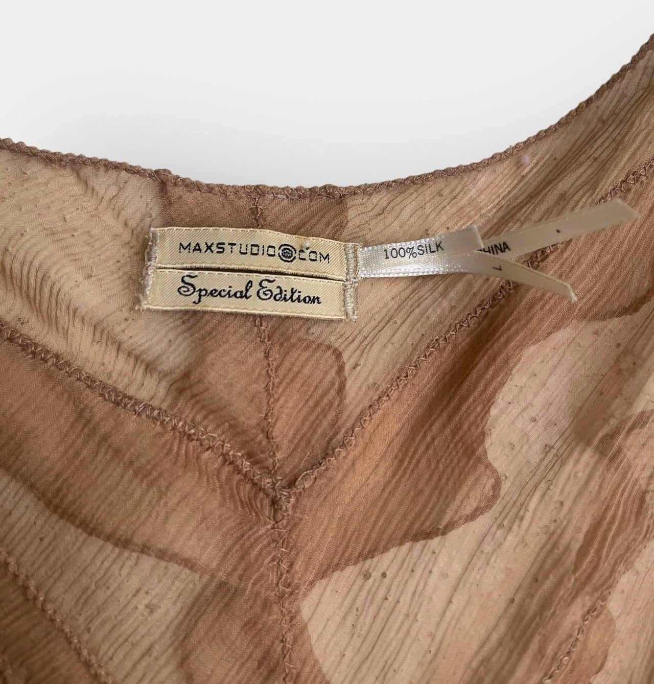 2000s Max Studio Tan Silk Ruffled Sheer Dress (M/L)