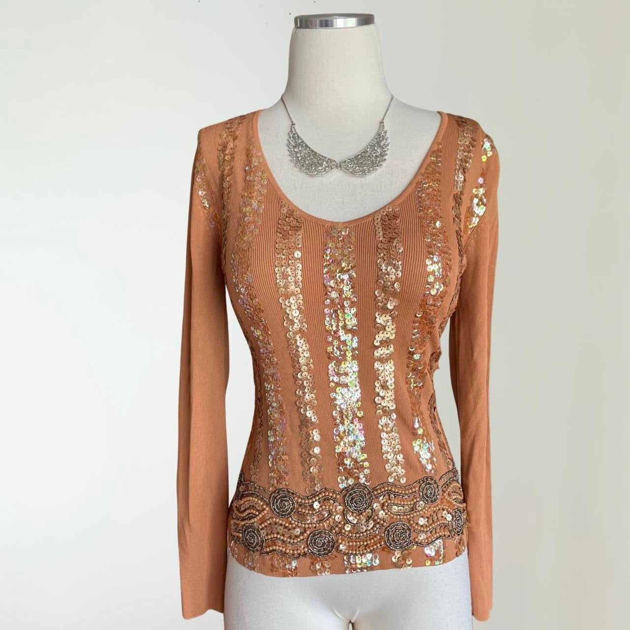 Sequin Beaded Brown Ribbed Longsleeve Top (M)