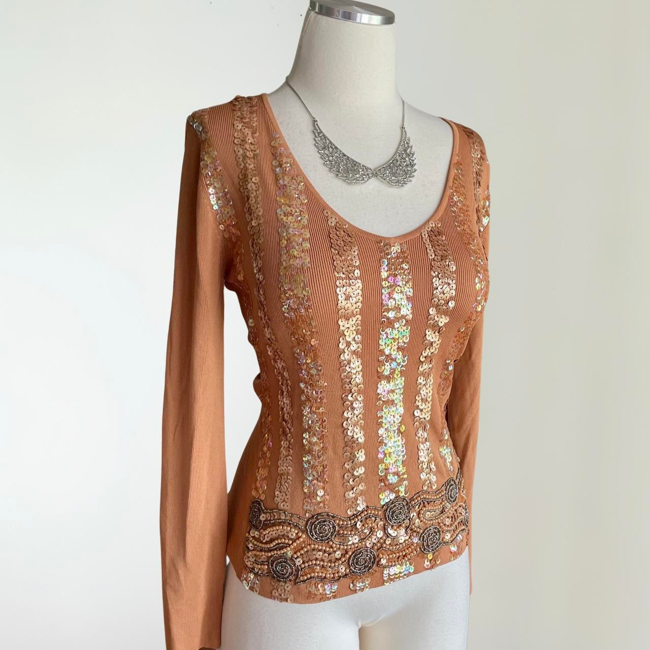 Sequin Beaded Brown Ribbed Longsleeve Top (M)