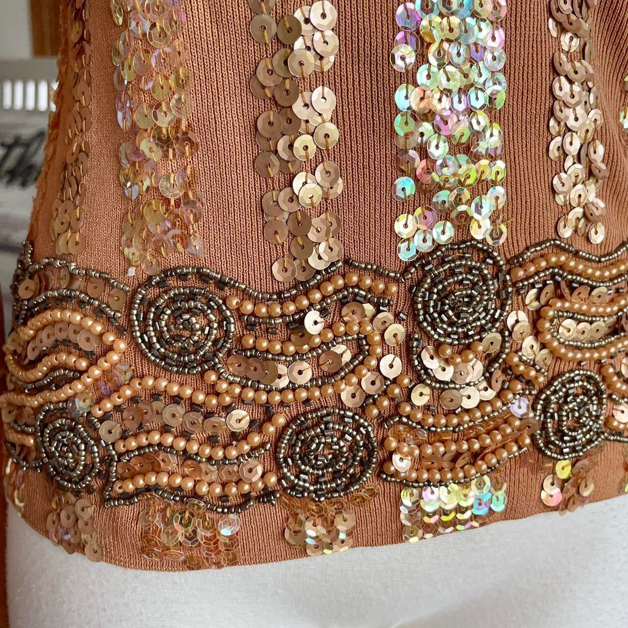 Sequin Beaded Brown Ribbed Longsleeve Top (M)