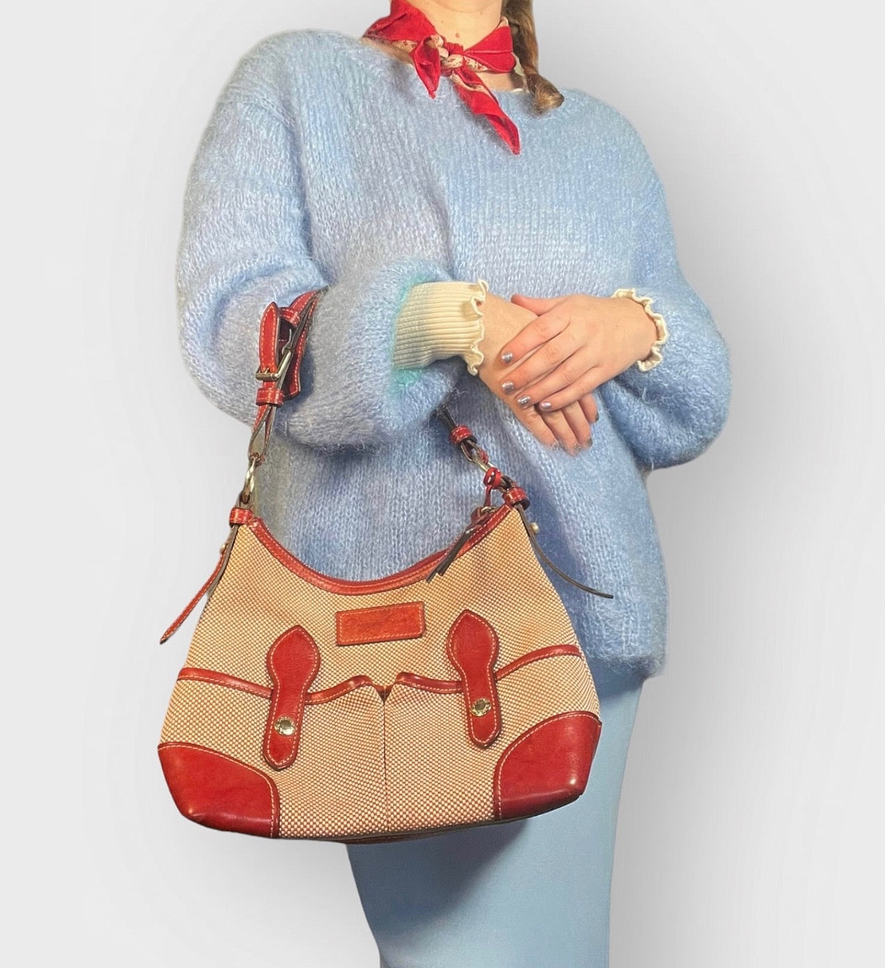 2000s Dooney & Bourke Cream Canvas Bag with Red Leather Trim