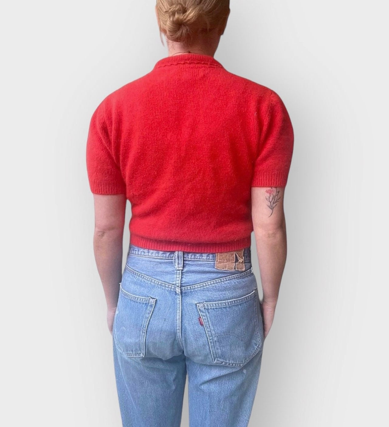 90s Red Angora Sweater Top with Pearl Buttons (S/M)