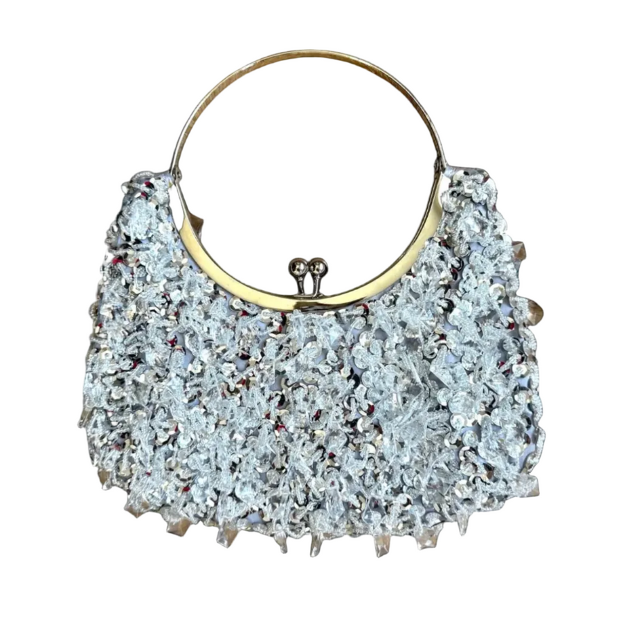 Crystal-Like Beaded Bag - Silver Hardware