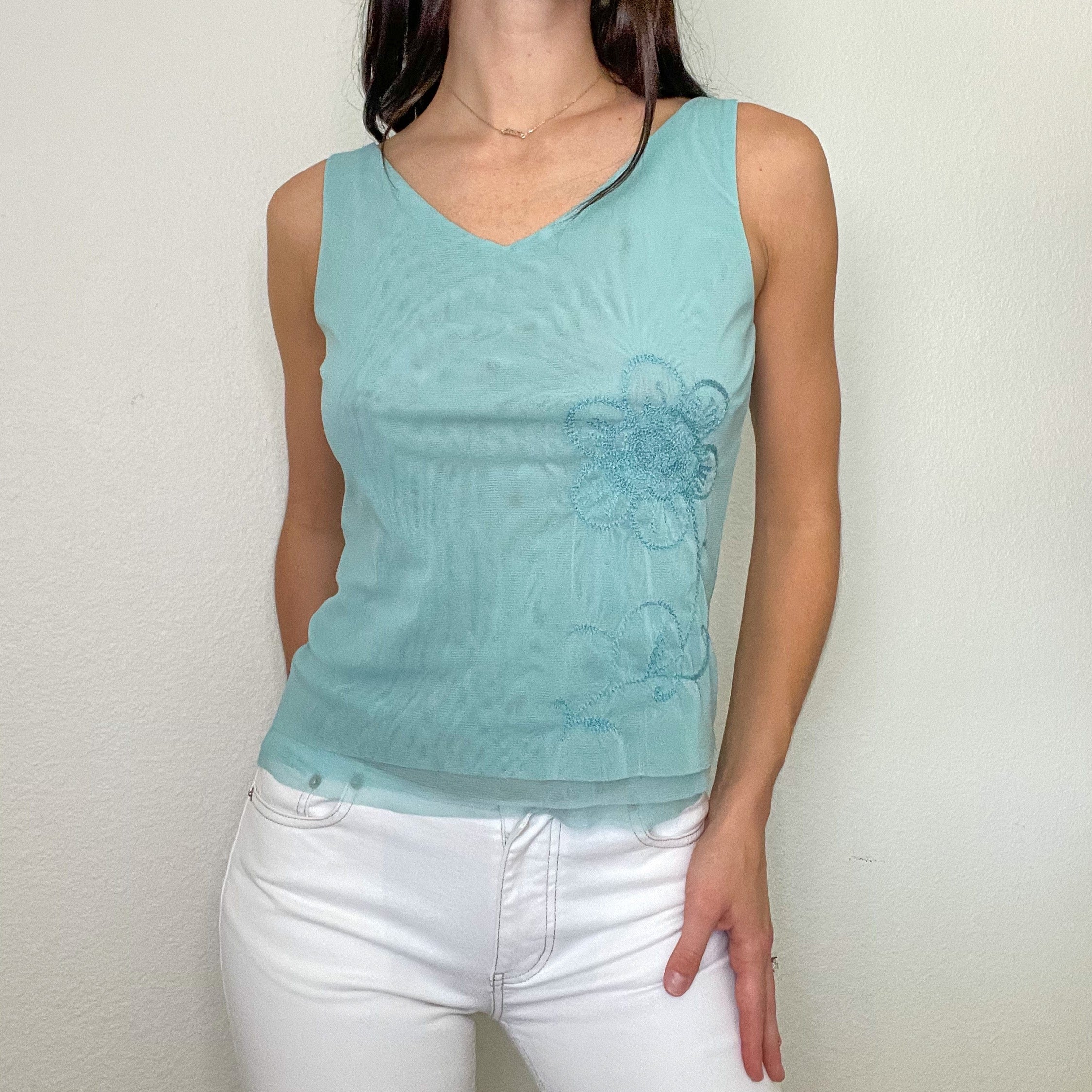 Blue Mesh Floral Tank