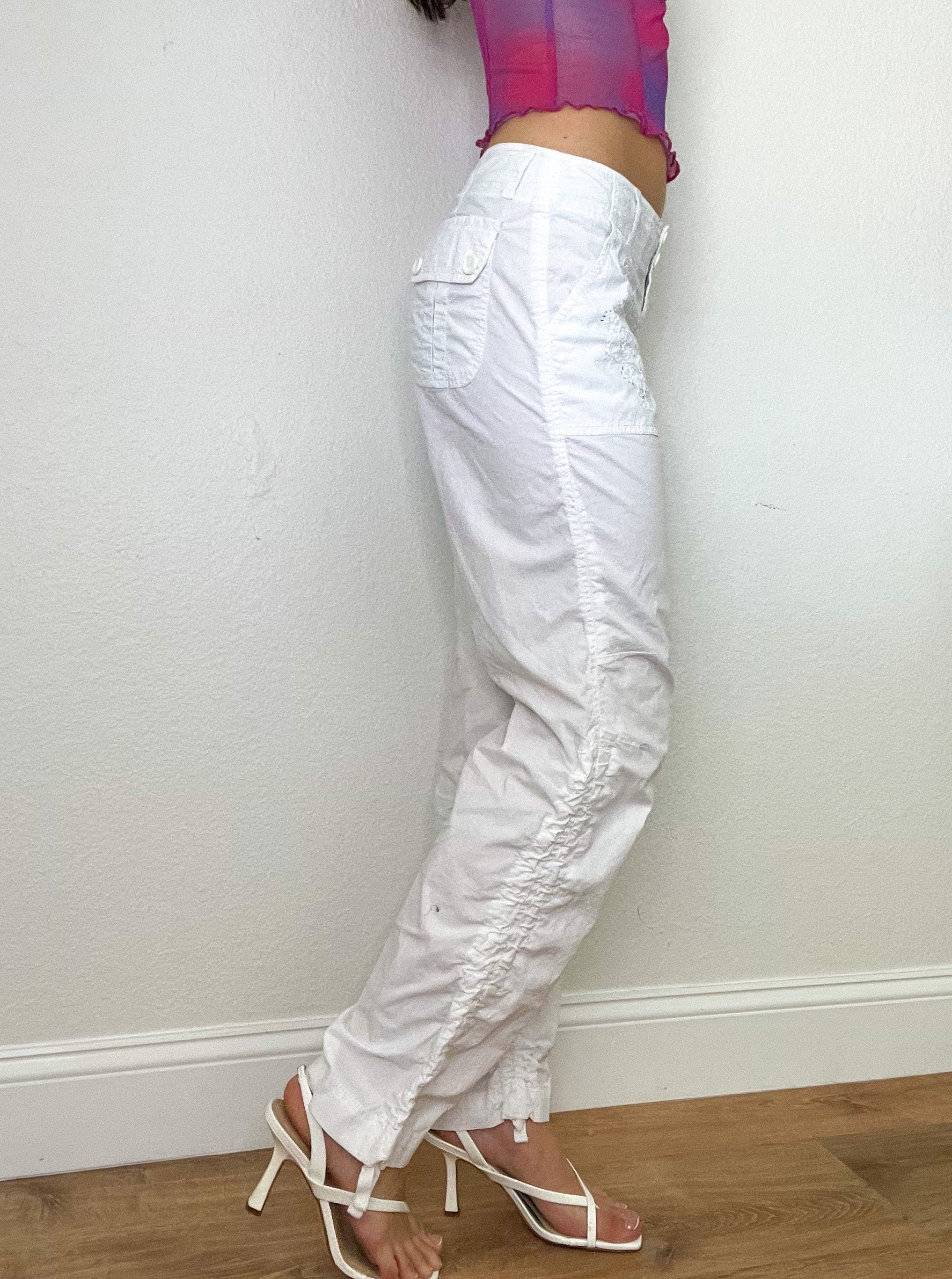 White Y2K Rhinestone Low Rise Cargo Pants