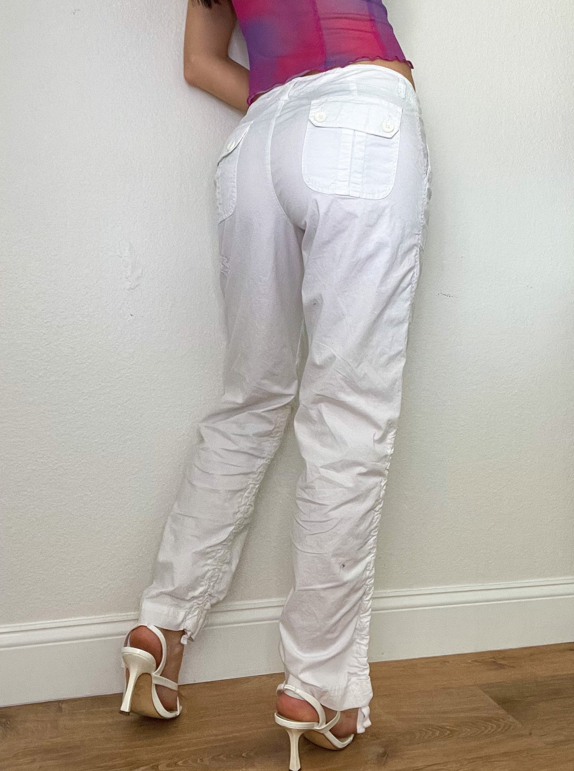 White Y2K Rhinestone Low Rise Cargo Pants