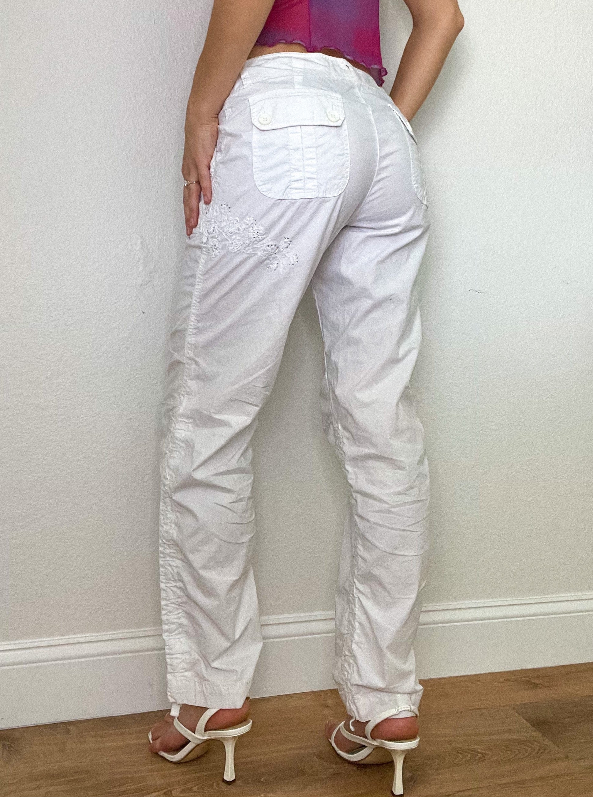 White Y2K Rhinestone Low Rise Cargo Pants