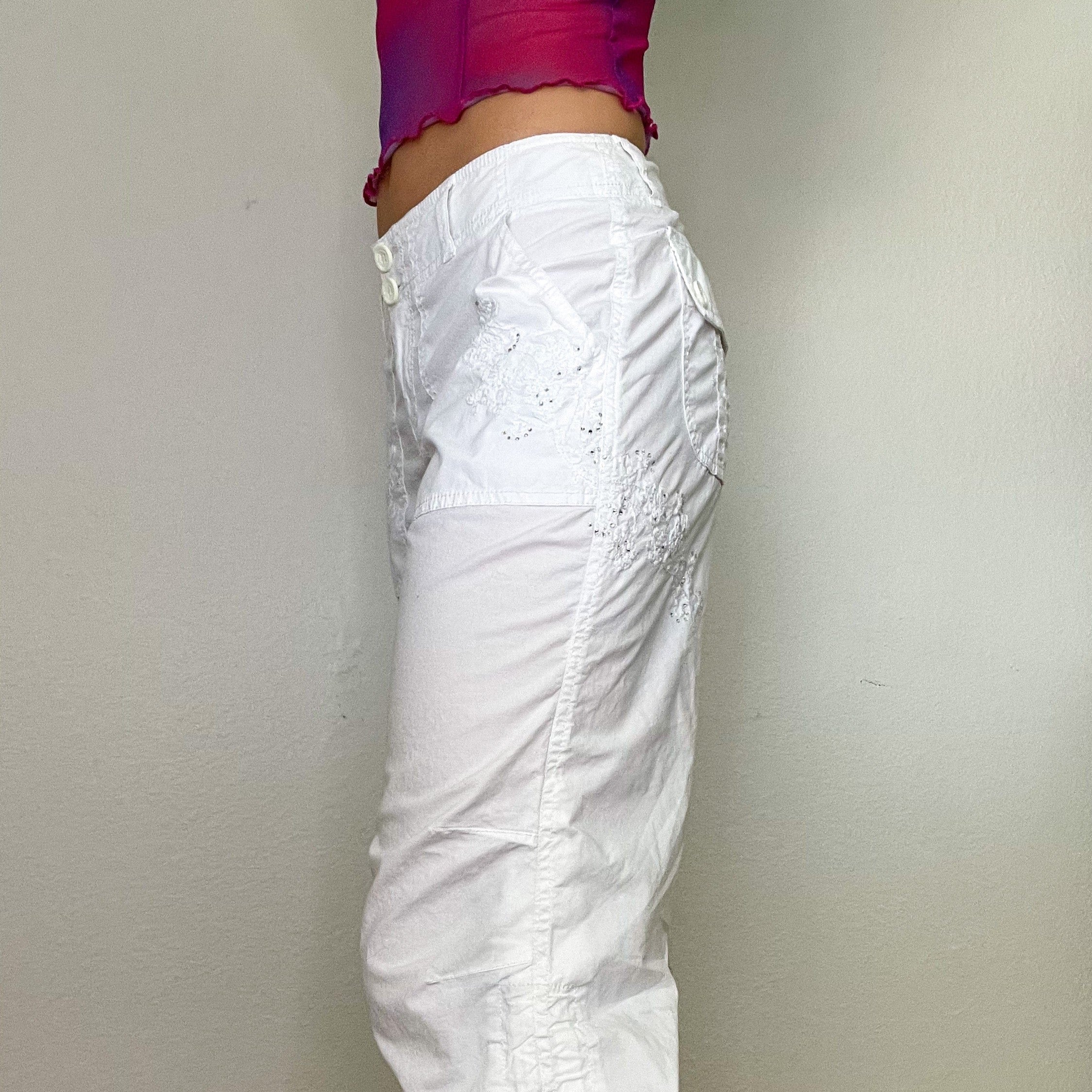 White Y2K Rhinestone Low Rise Cargo Pants