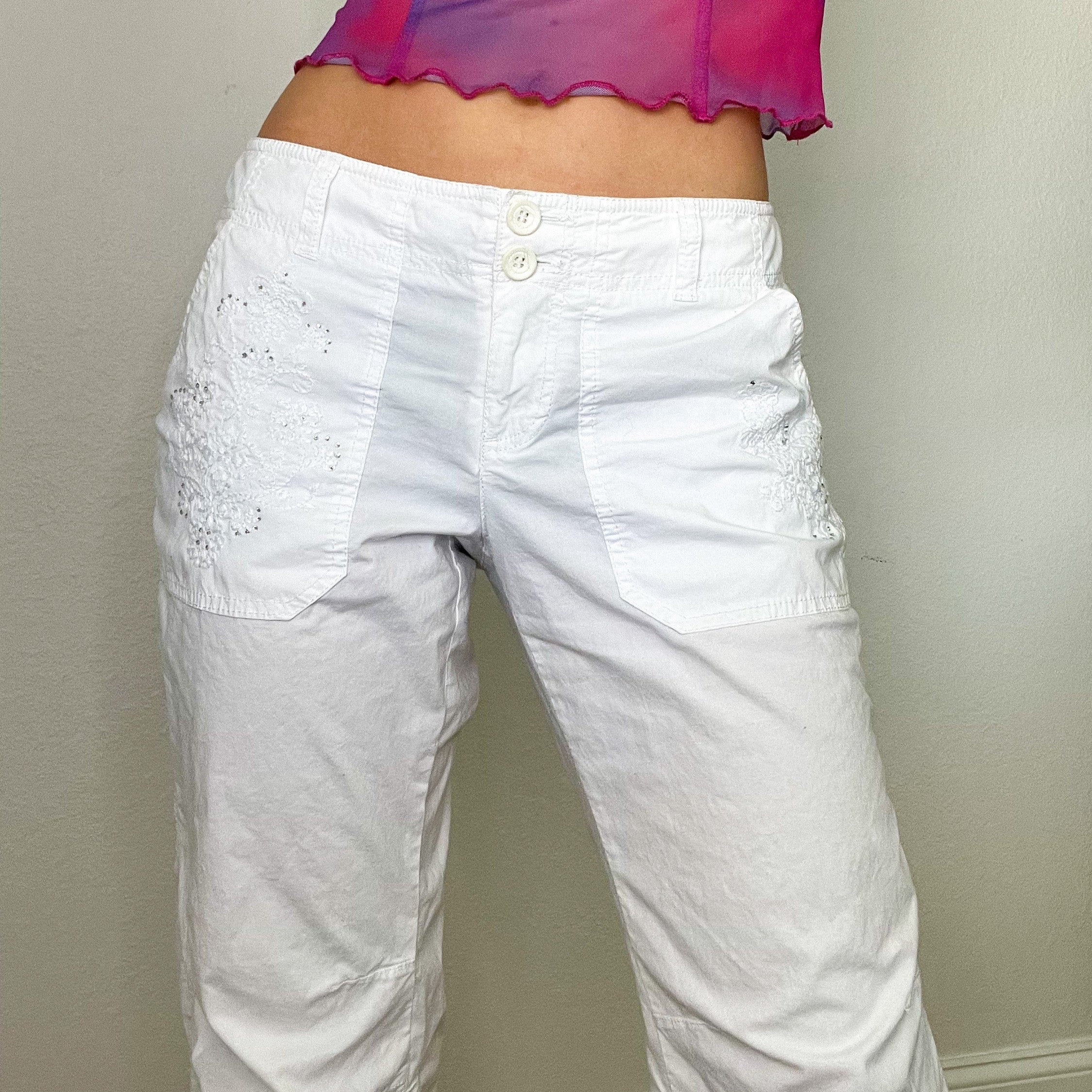 White Y2K Rhinestone Low Rise Cargo Pants