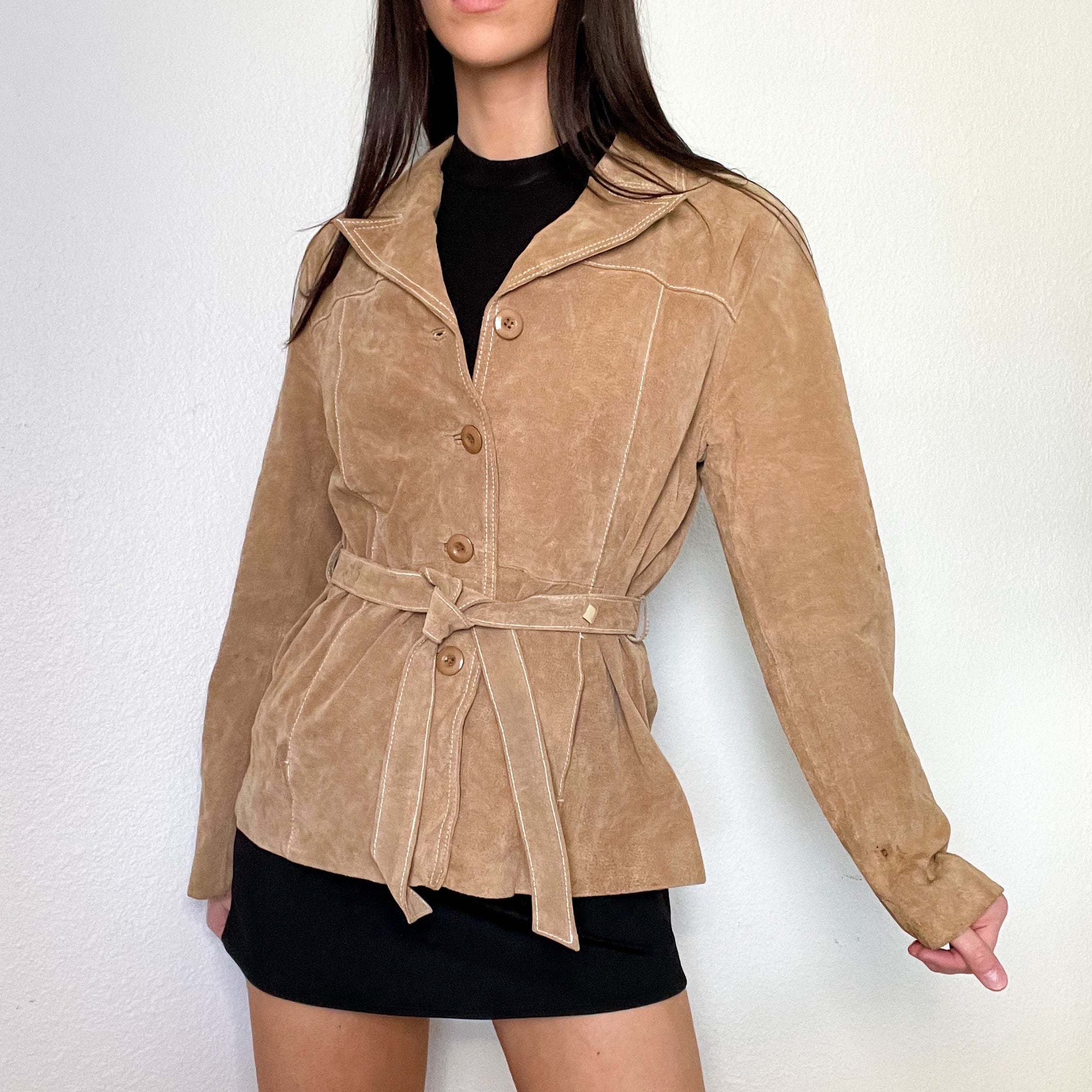 Tan Suede Belted Leather Jacket (S/M)