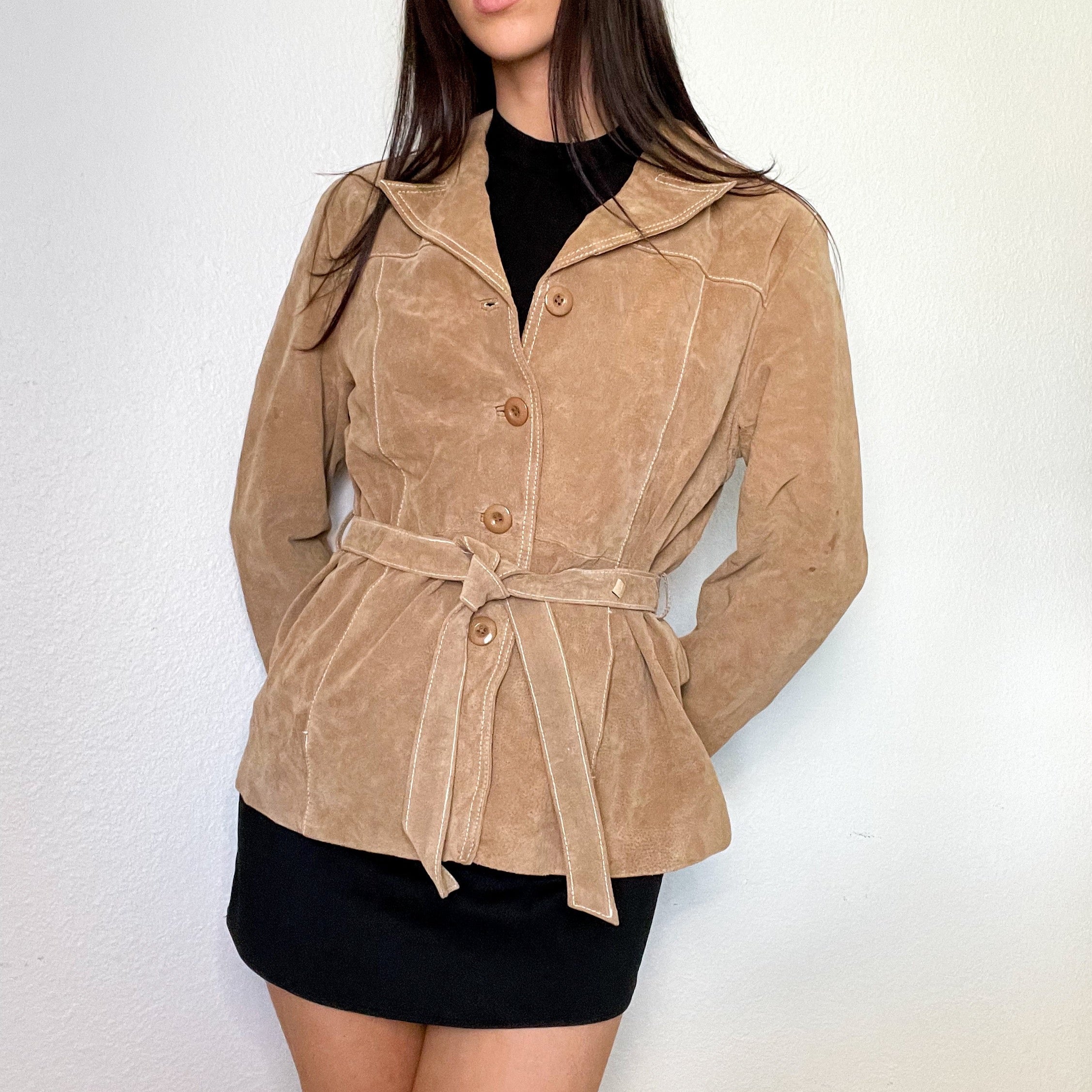 Tan Suede Belted Leather Jacket (S/M)