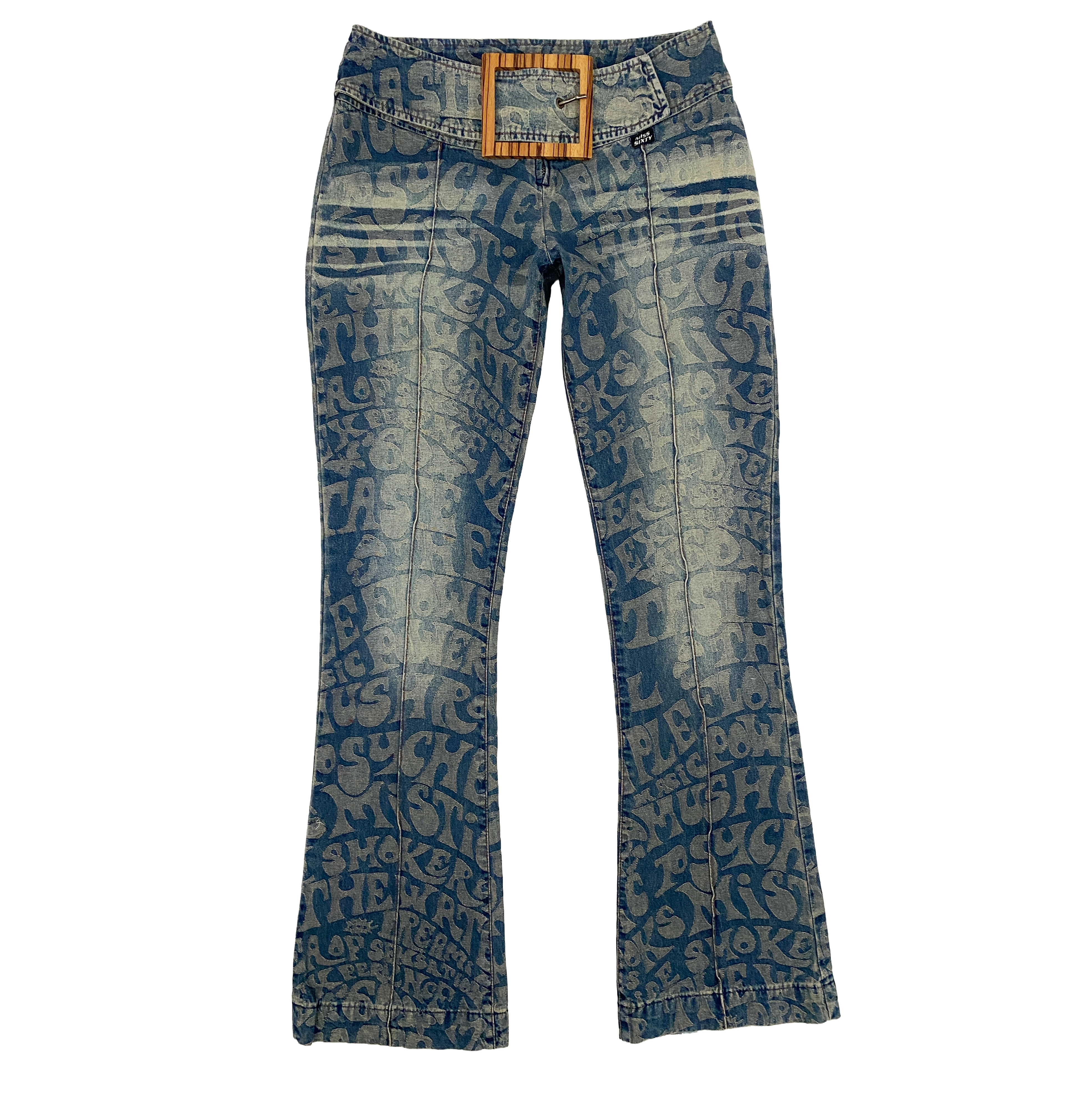 Rare Miss Sixty Luxury Graffiti Belted Low Rise Flare Jeans (XS)