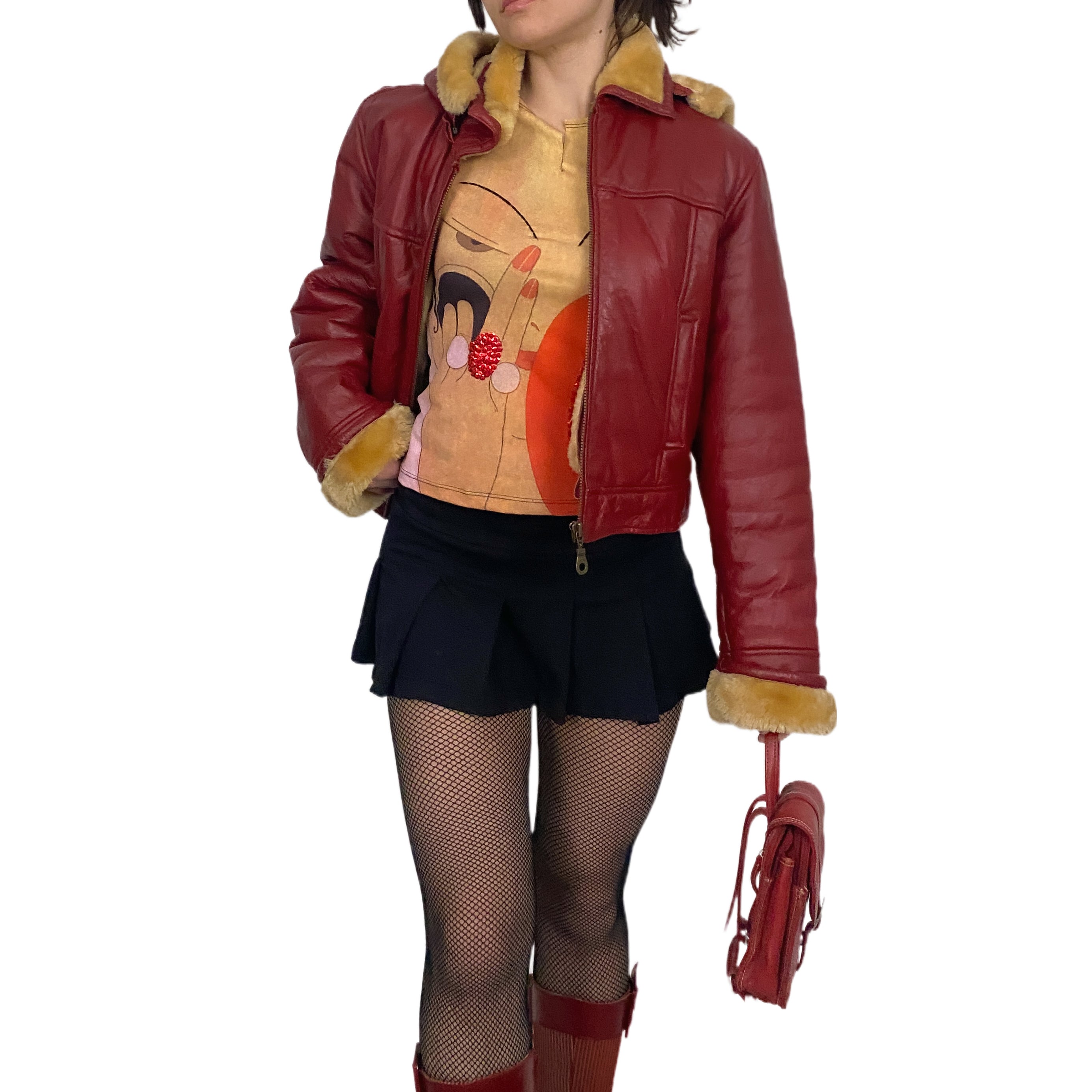 Red Leather & Faux Fur Jacket (M)