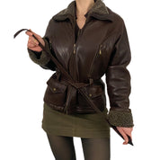 Brown Belted Leather Jacket (M)