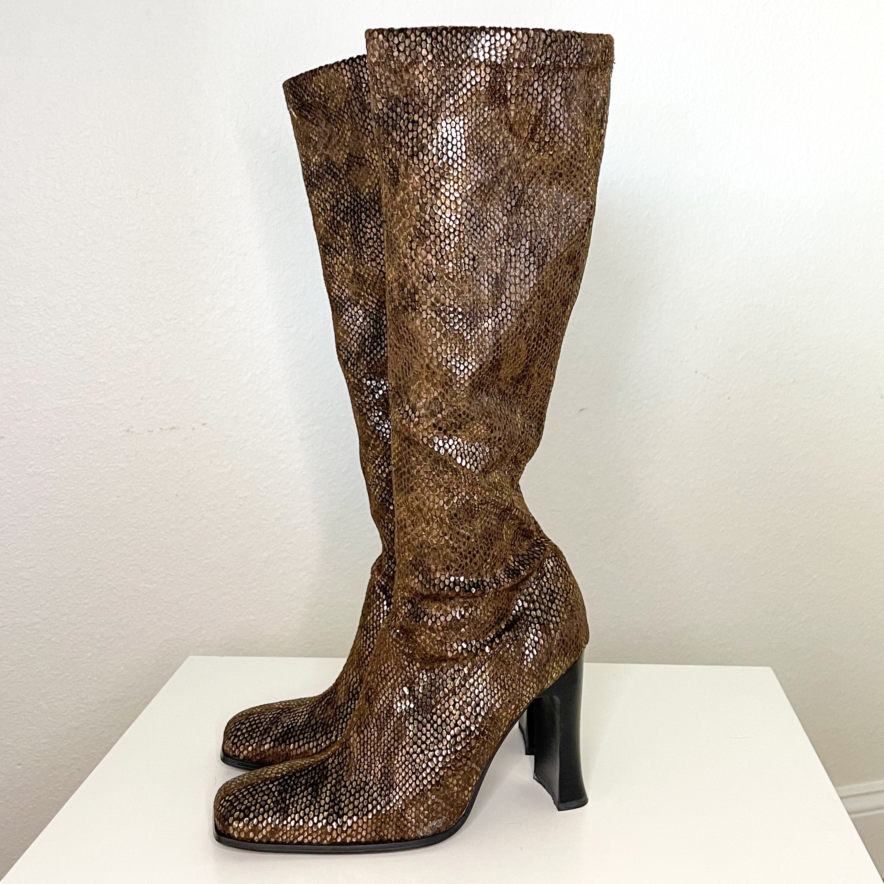 Brown Snake-Print Knee High Boots (7)