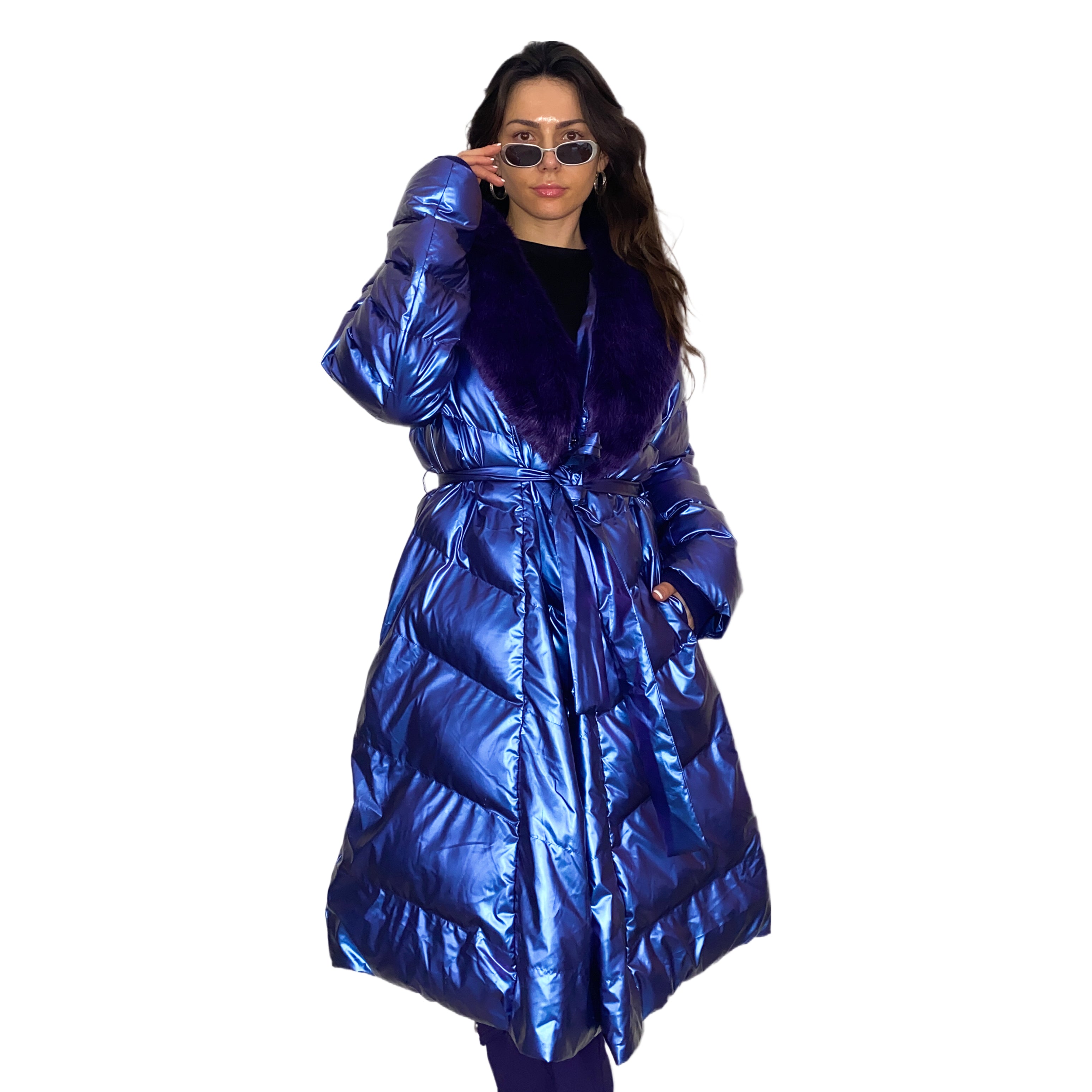 Cyber Royalty Purple Faux Fur Puffer Jacket (L)