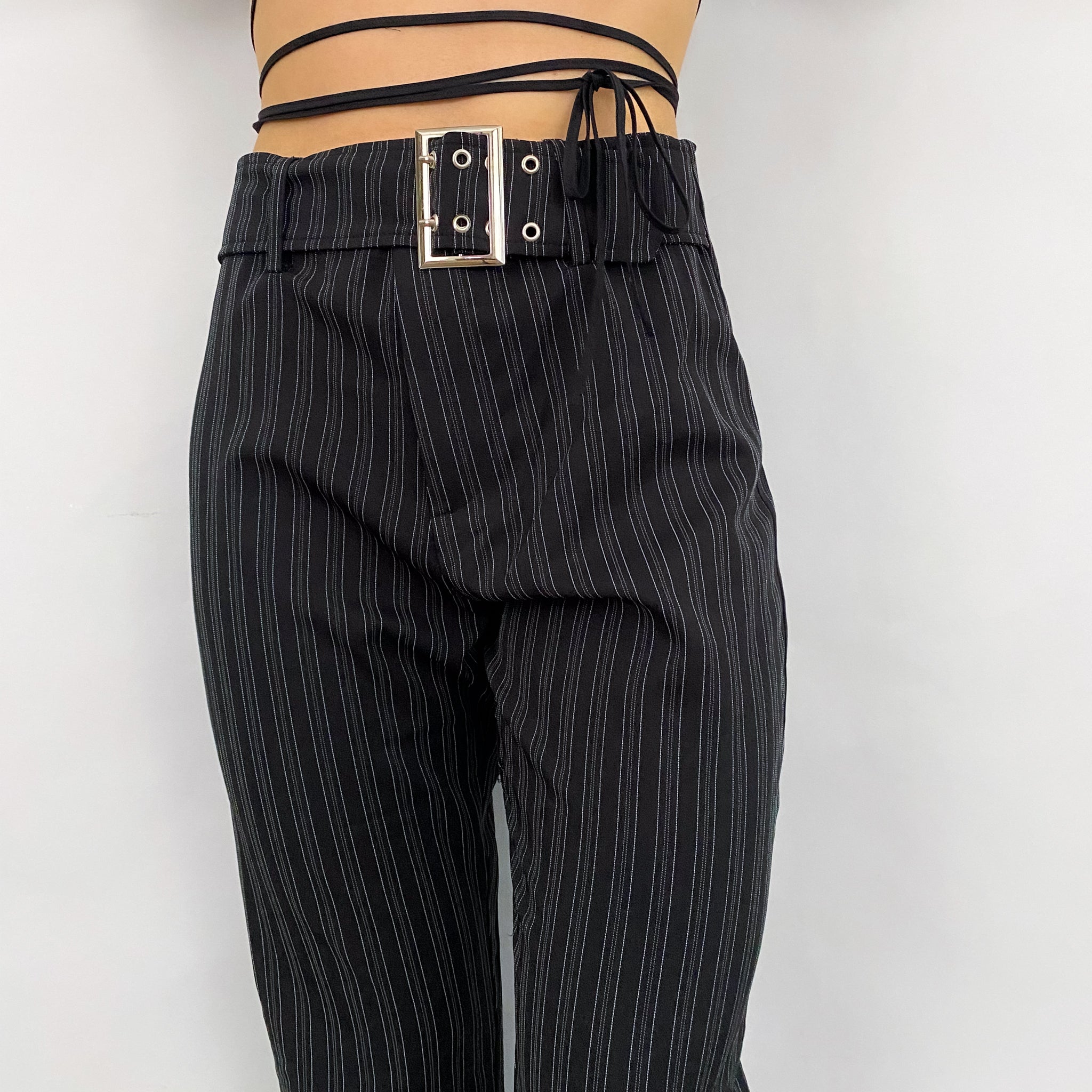 Striped Buckle Flared Trousers - Small