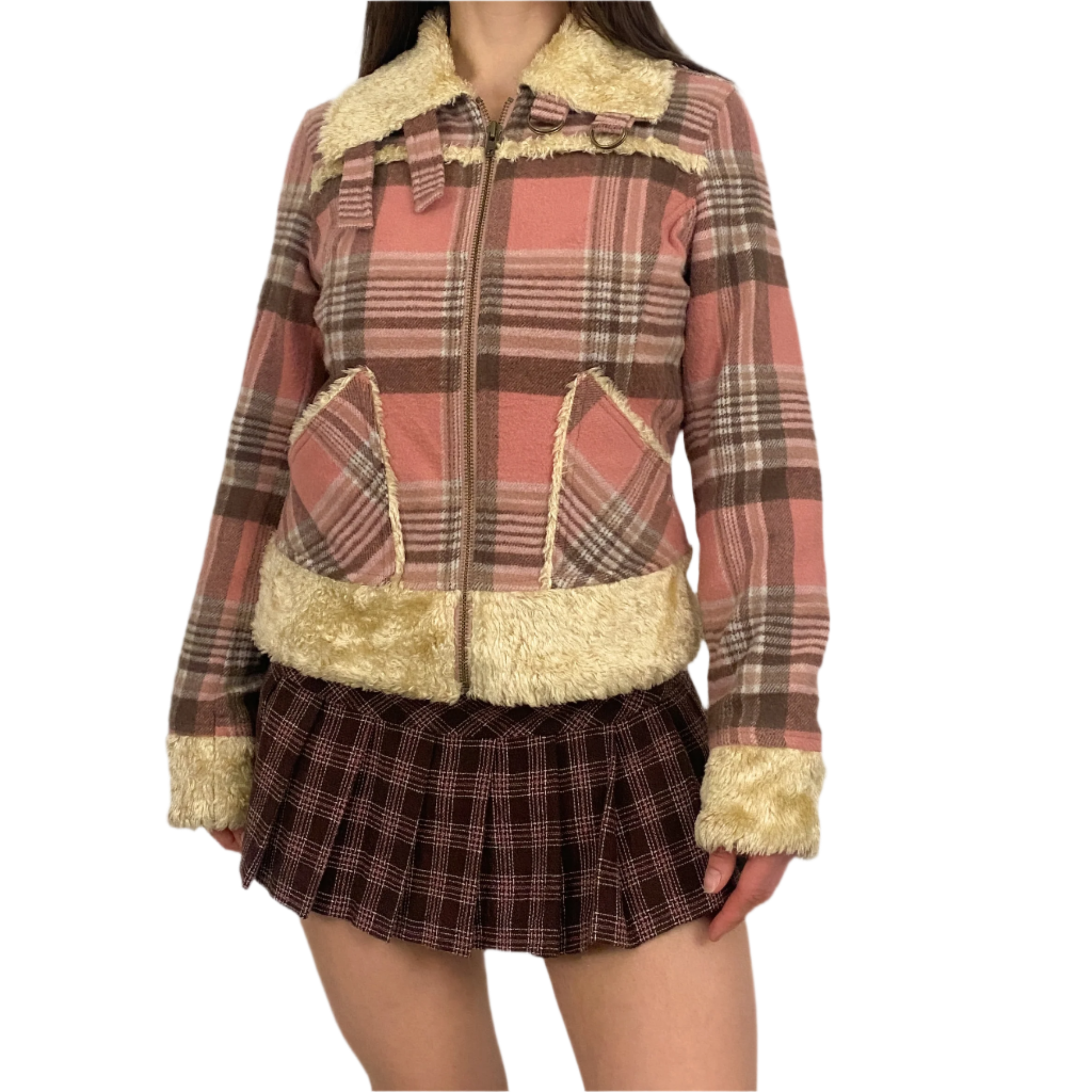Guess Furry Pink Plaid Jacket (M)
