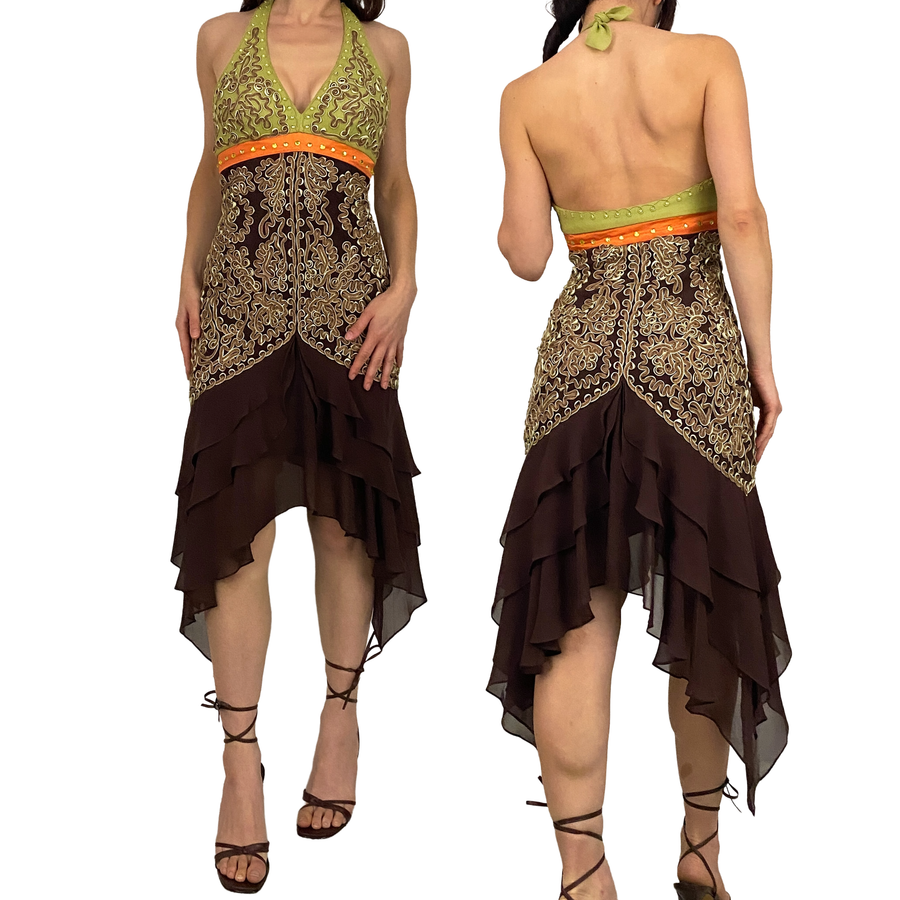 Sue Wong Silk Embellished Halter Fairy Handkerchief Dress (XS/S)