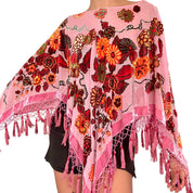 Pink Silk Floral Burnout Beaded Fringe Poncho Top (One Size)