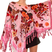 Pink Silk Floral Burnout Beaded Fringe Poncho Top (One Size)