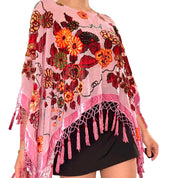 Pink Silk Floral Burnout Beaded Fringe Poncho Top (One Size)