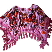 Pink Silk Floral Burnout Beaded Fringe Poncho Top (One Size)