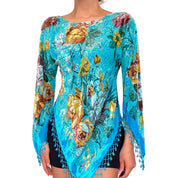 Silk Floral Beaded Asymmetrical Top with Beaded Fringe (One Size)