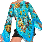 Silk Floral Beaded Asymmetrical Top with Beaded Fringe (One Size)