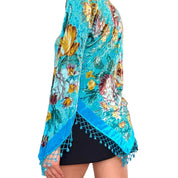Silk Floral Beaded Asymmetrical Top with Beaded Fringe (One Size)