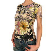 Miss Sixty 2000s Lace Back Graphic Beaded Floral Top (M/L)