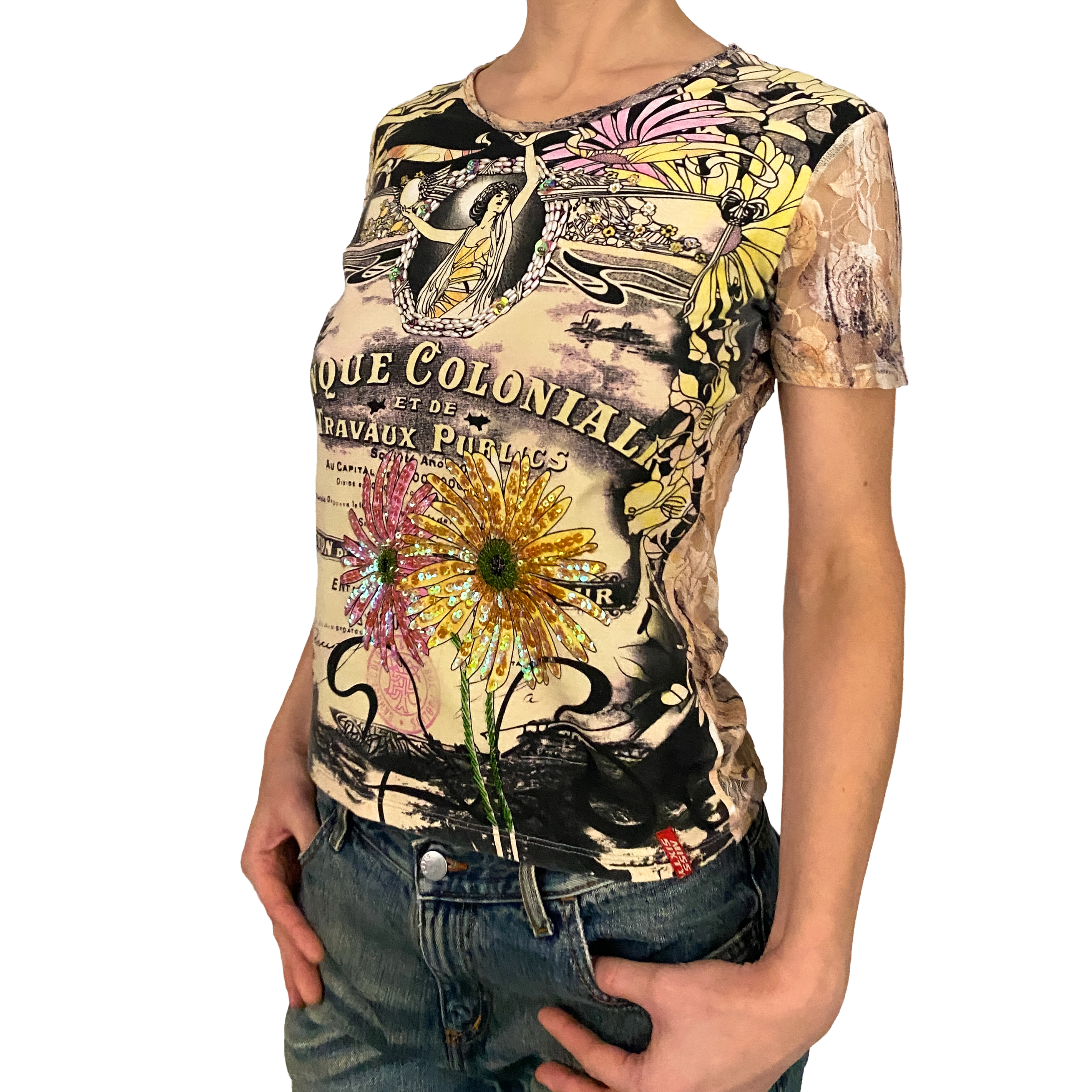 Miss Sixty 2000s Lace Back Graphic Beaded Floral Top (M/L)