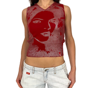 Miss Sixty 2000s Silver & Red Portrait Graphic Knit Tank Top (XS/S)