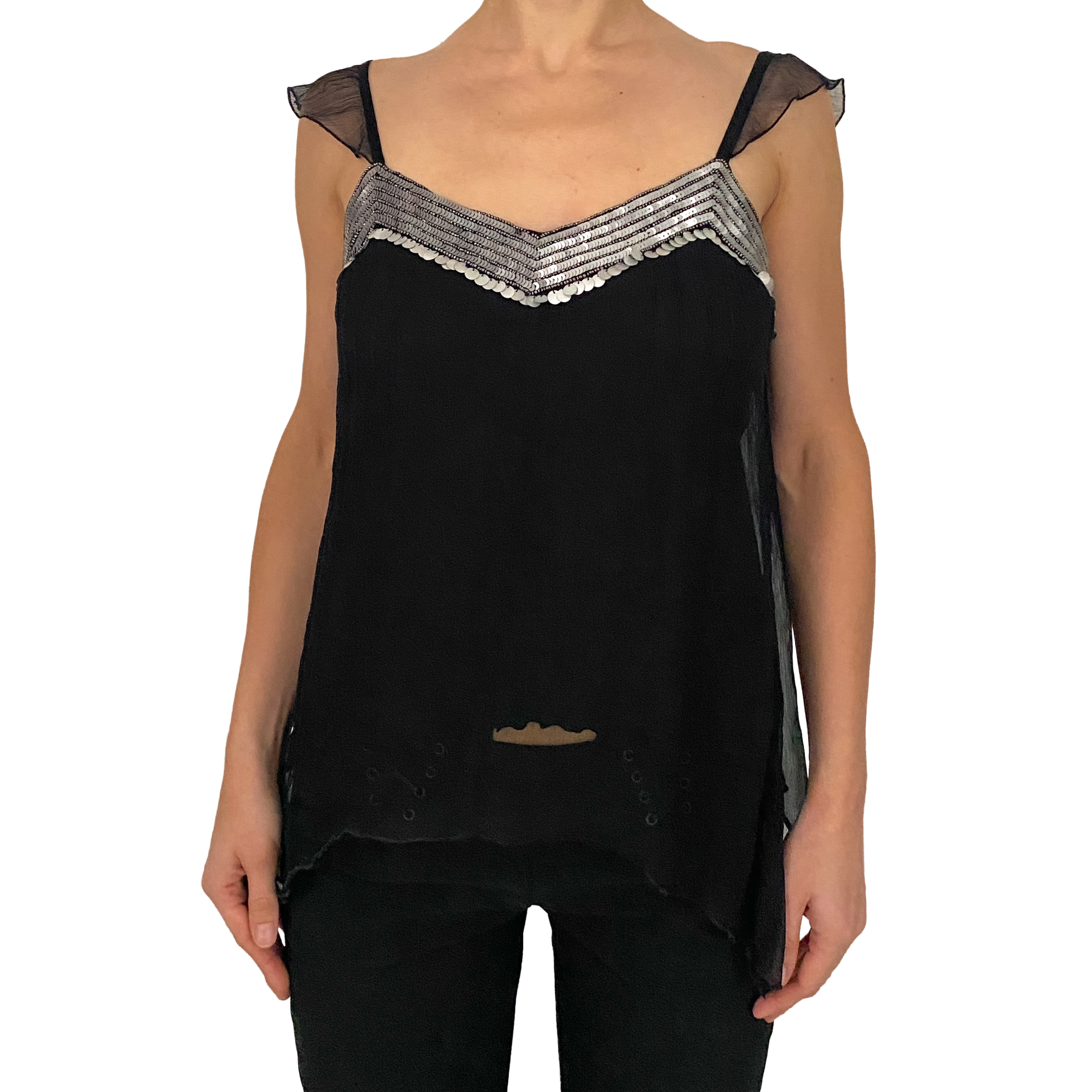 Morgan de Toi Black Silk Embellished Fairy Tank Top (S)