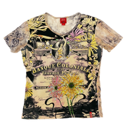 Miss Sixty 2000s Lace Back Graphic Beaded Floral Top (M/L)