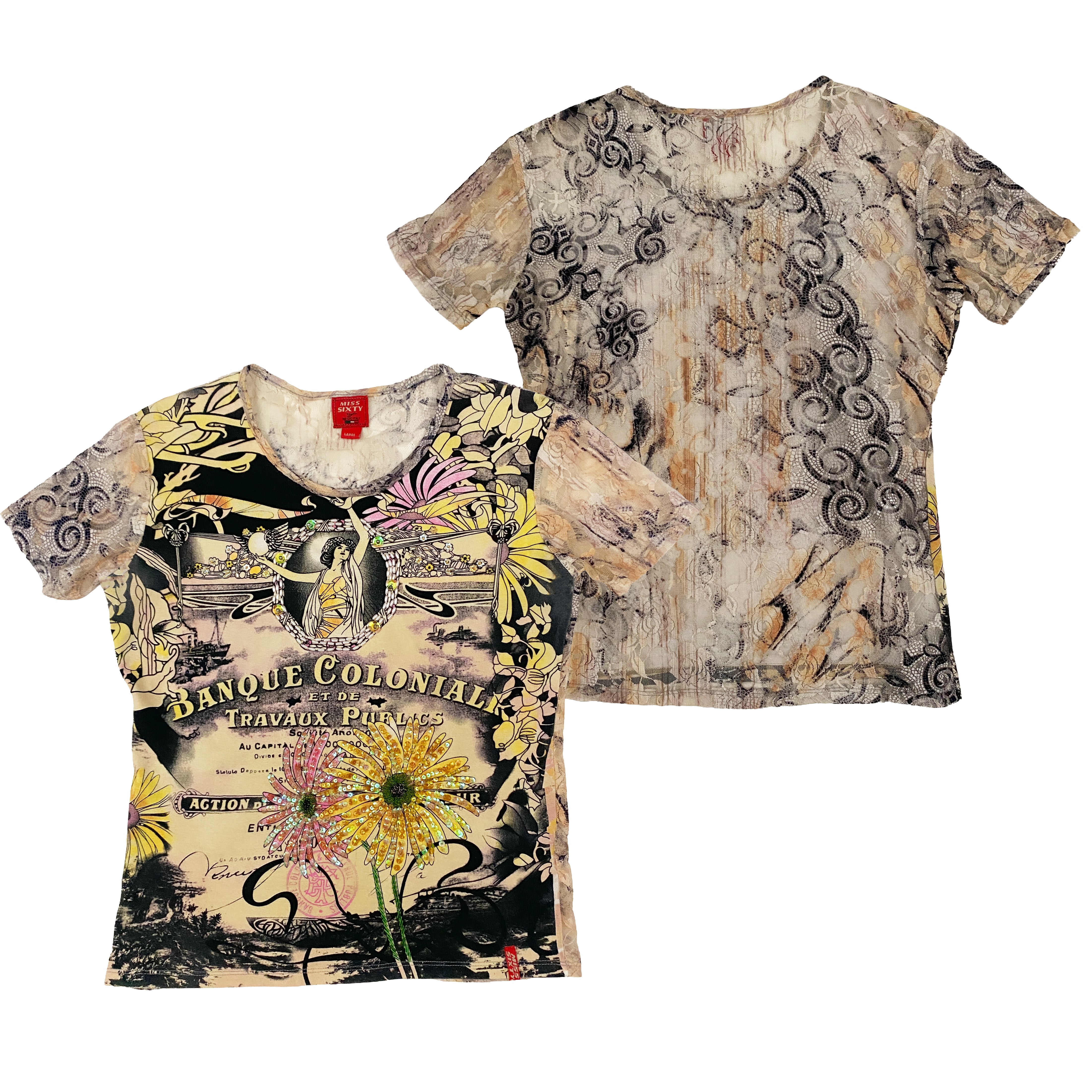 Miss Sixty 2000s Lace Back Graphic Beaded Floral Top (M/L) – Holy