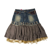 Tiered Lace-Trim Denim Midi Skirt (S)